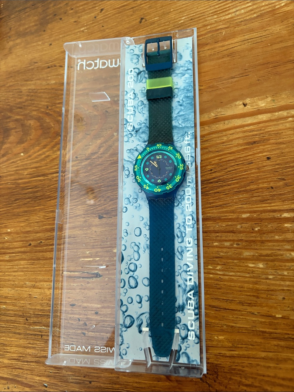 Swatch Blue Scuba Watch with Green Bezel Accent